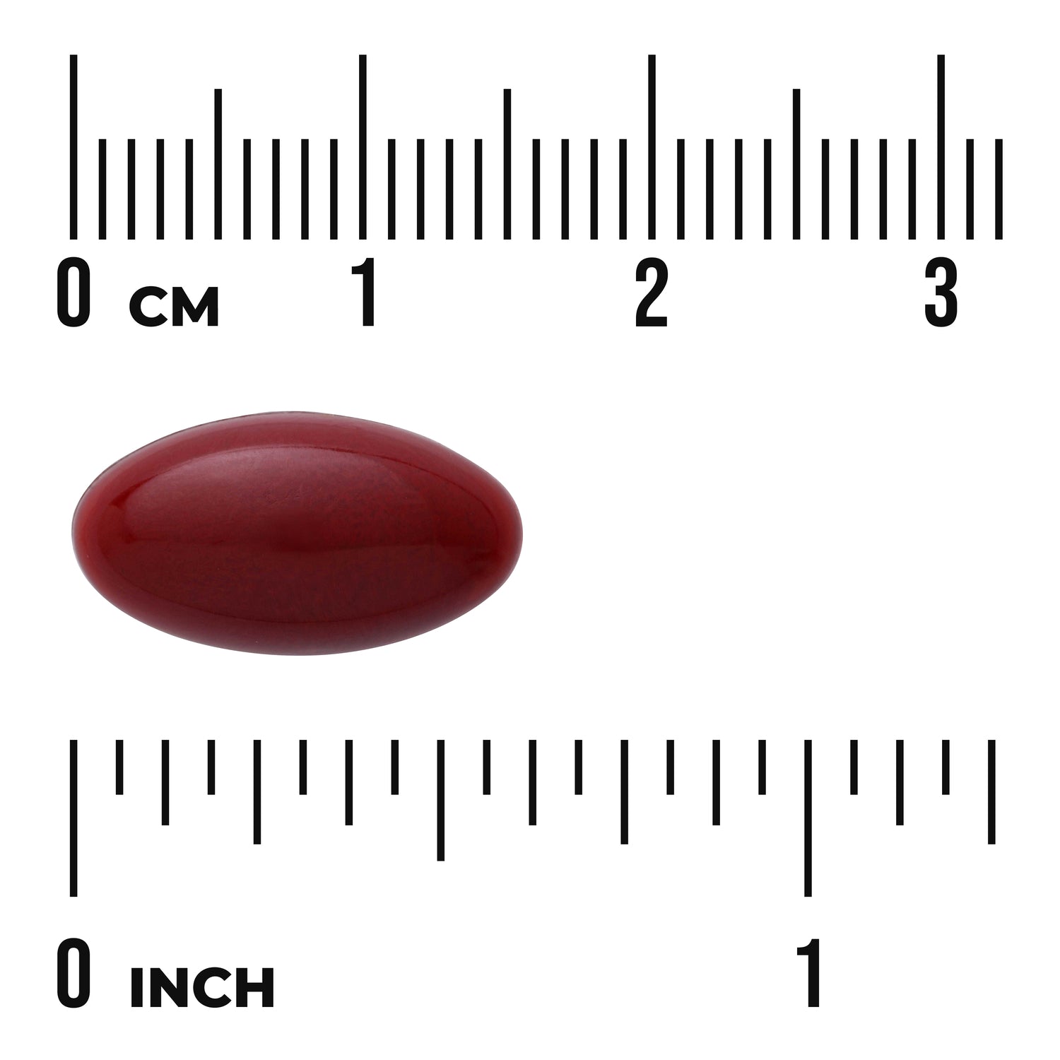 SW950 | Dark red softgel with size shown against cm and inch rulers