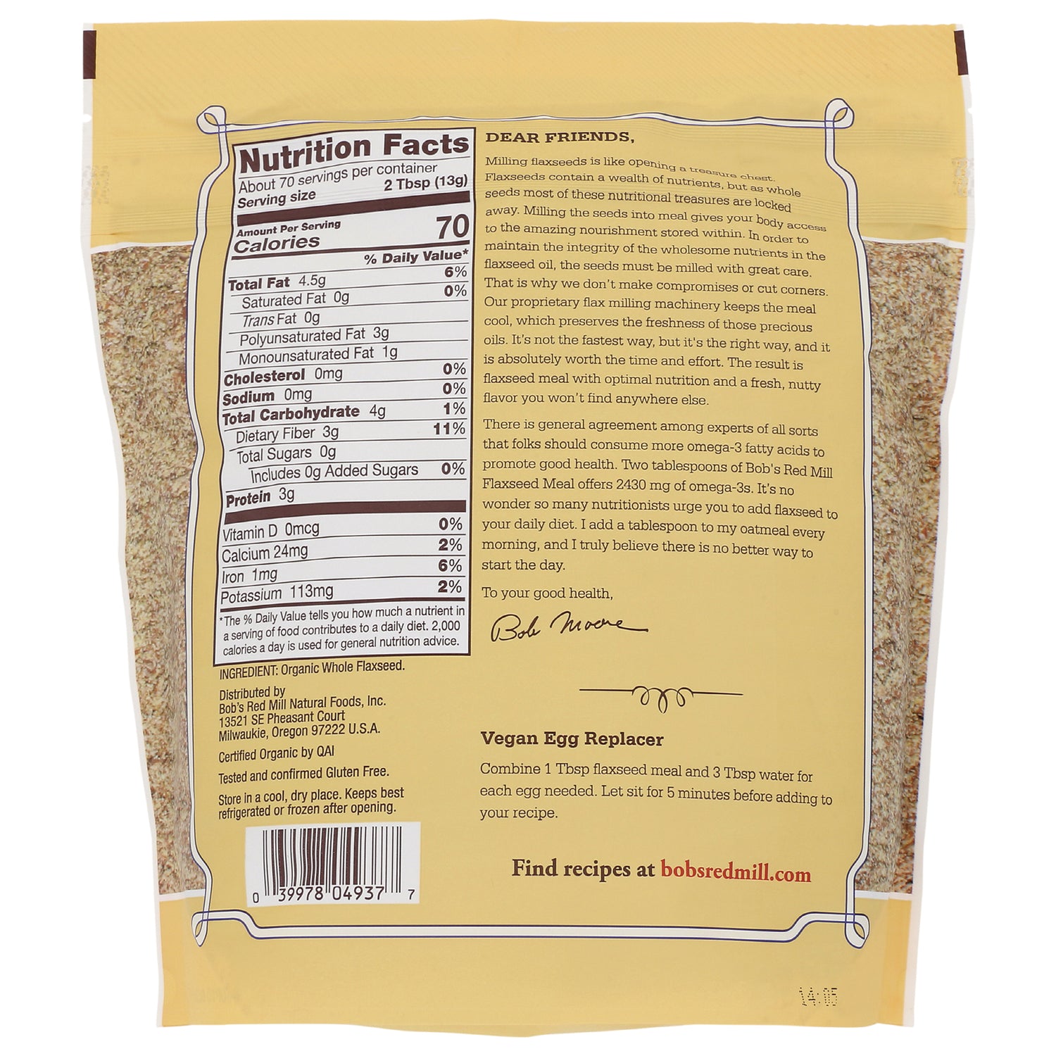 BOB254 | Nutrition Facts panel and Vegan Egg Replacer instructions on back of yellow Bob's Red Mill flaxseed package