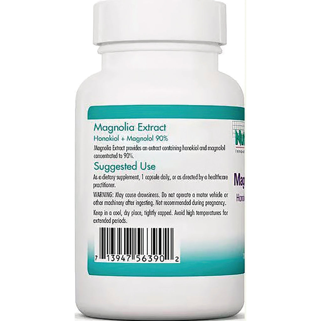 NCL117 | Back of white supplement bottle labeled Magnolia Extract showing suggested use, warnings and barcode - Thumbnail