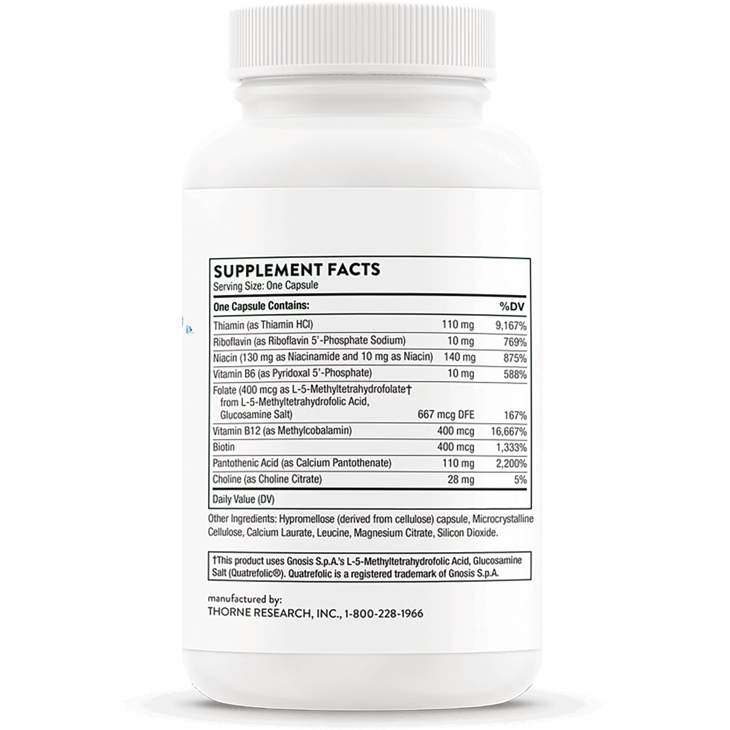TRN017 | Back label with Supplement Facts, ingredients, and Thorne Research manufacturer info