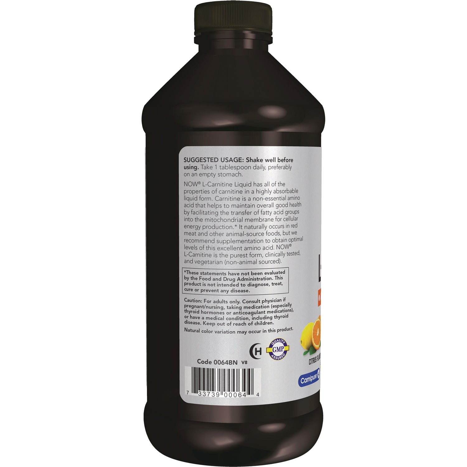 NWF761 | Back label of dark supplement bottle showing suggested usage directions, barcode, and small citrus image