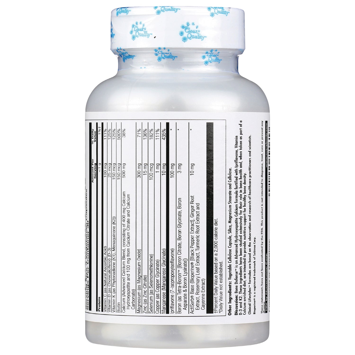 KL449 | back of white supplement bottle showing Supplement Facts table and ingredient panel rotated vertically