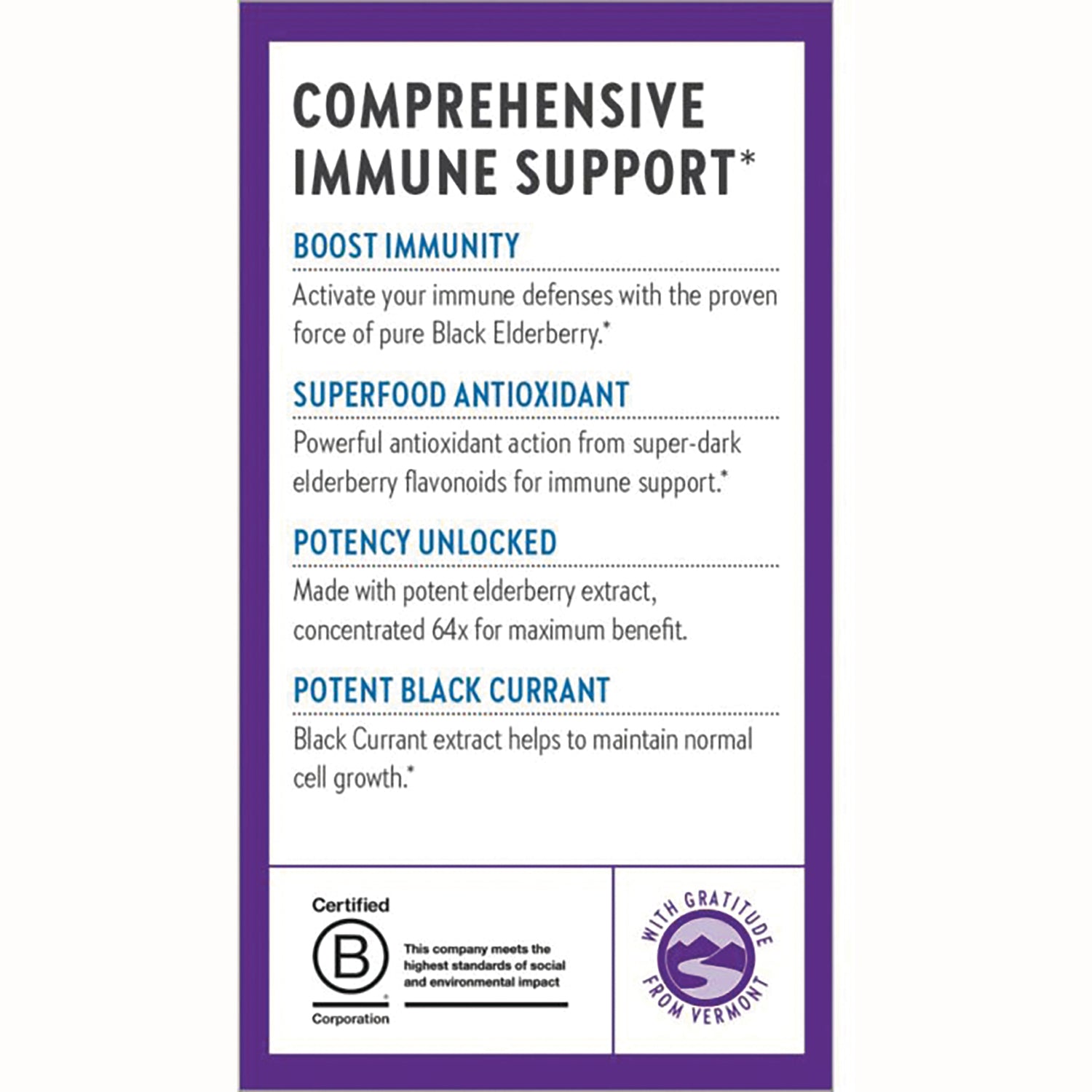 NWC362 | Product infographic listing Comprehensive Immune Support benefits: Boost immunity; Superfood antioxidant; Potency unlocked; Potent black currant