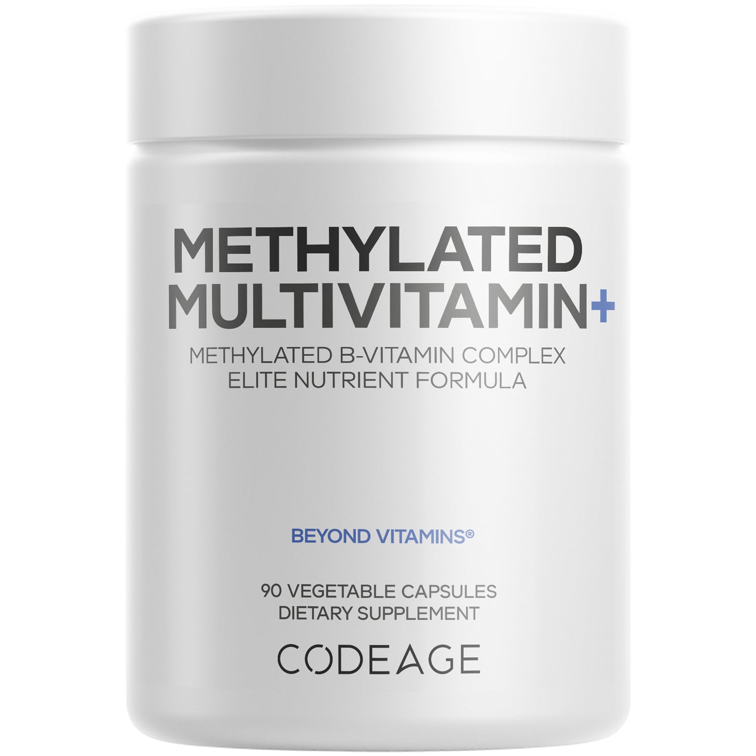 CDG042 | white supplement bottle labeled Methylated Multivitamin+ CODEAGE, 90 vegetable capsules