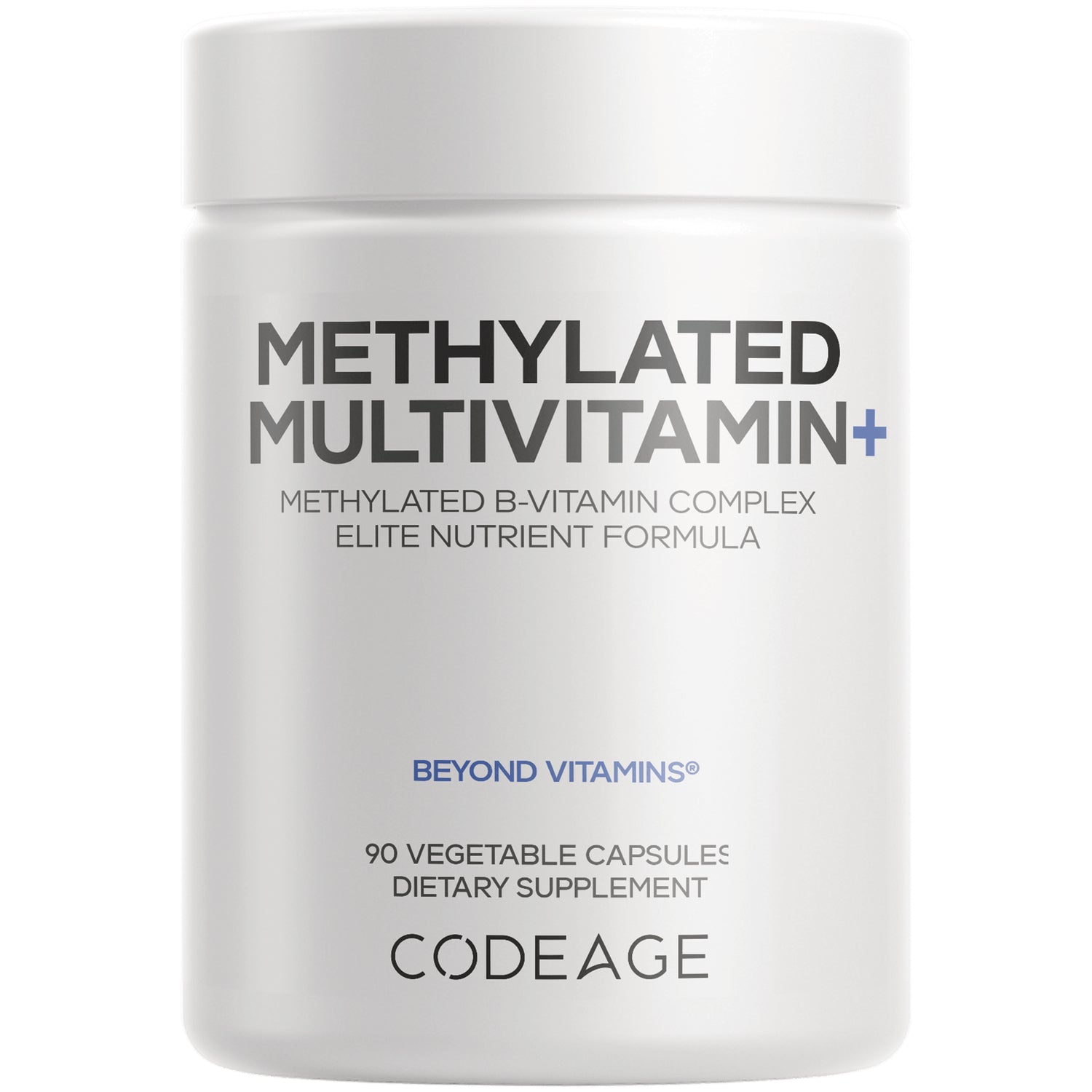 CDG042 | white supplement bottle labeled Methylated Multivitamin+ CODEAGE, 90 vegetable capsules