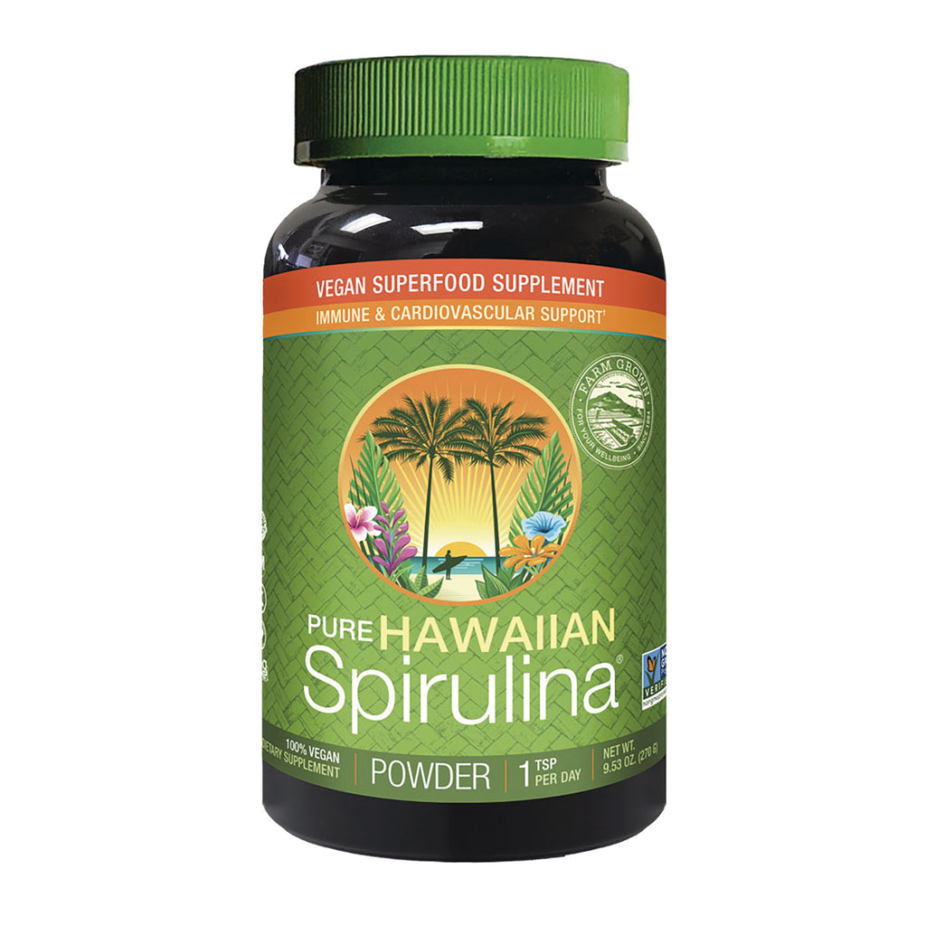 NUT027 | Bottle of Pure Hawaiian Spirulina powder with green label and palm sunset logo - Thumbnail