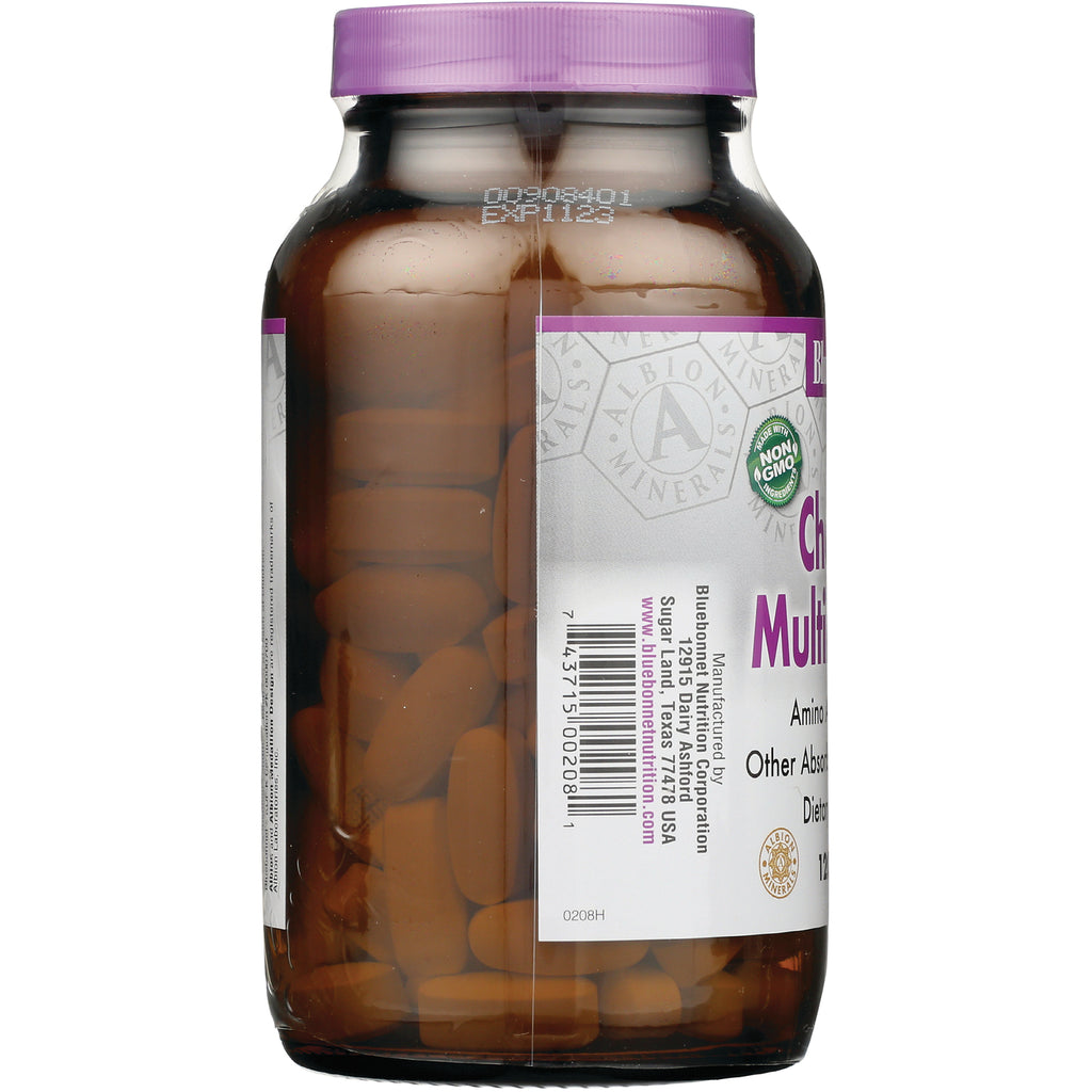 BLU081 | side view of amber supplement bottle showing tablets, barcode and label with Non GMO seal - Thumbnail