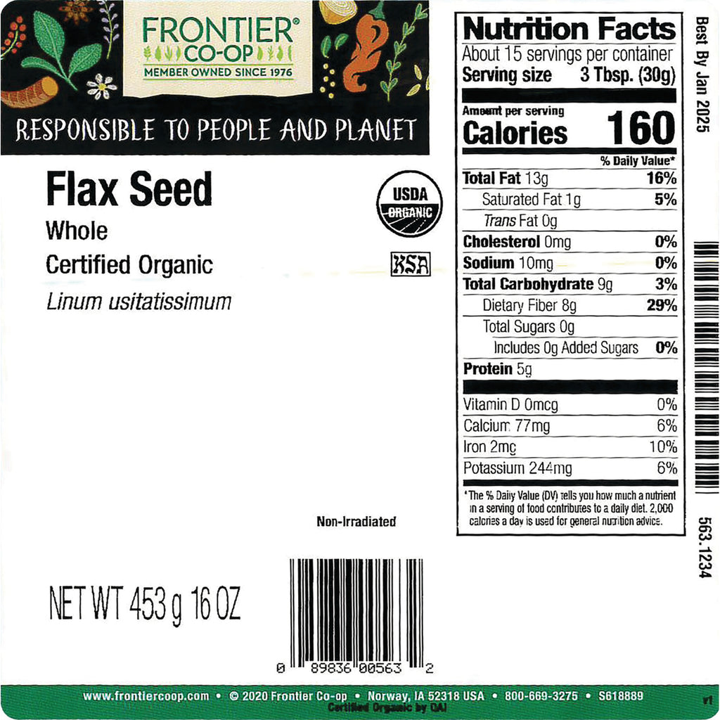 FNP016 | back label of Frontier Co-op Flax Seed showing nutrition facts, USDA Organic seal, and NET WT 453 g 16 OZ - Thumbnail