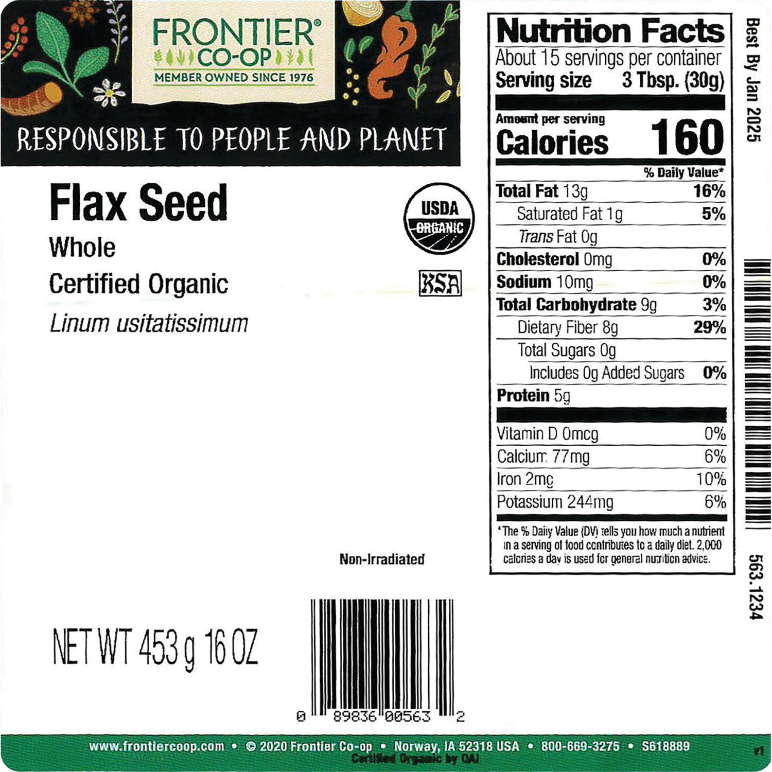 FNP016 | back label of Frontier Co-op Flax Seed showing nutrition facts, USDA Organic seal, and NET WT 453 g 16 OZ