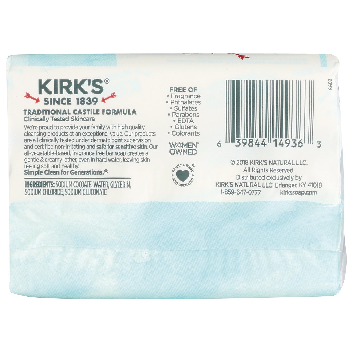 KIR015 | Back of Kirk's soap packaging showing ingredient list, free-of claims and barcode