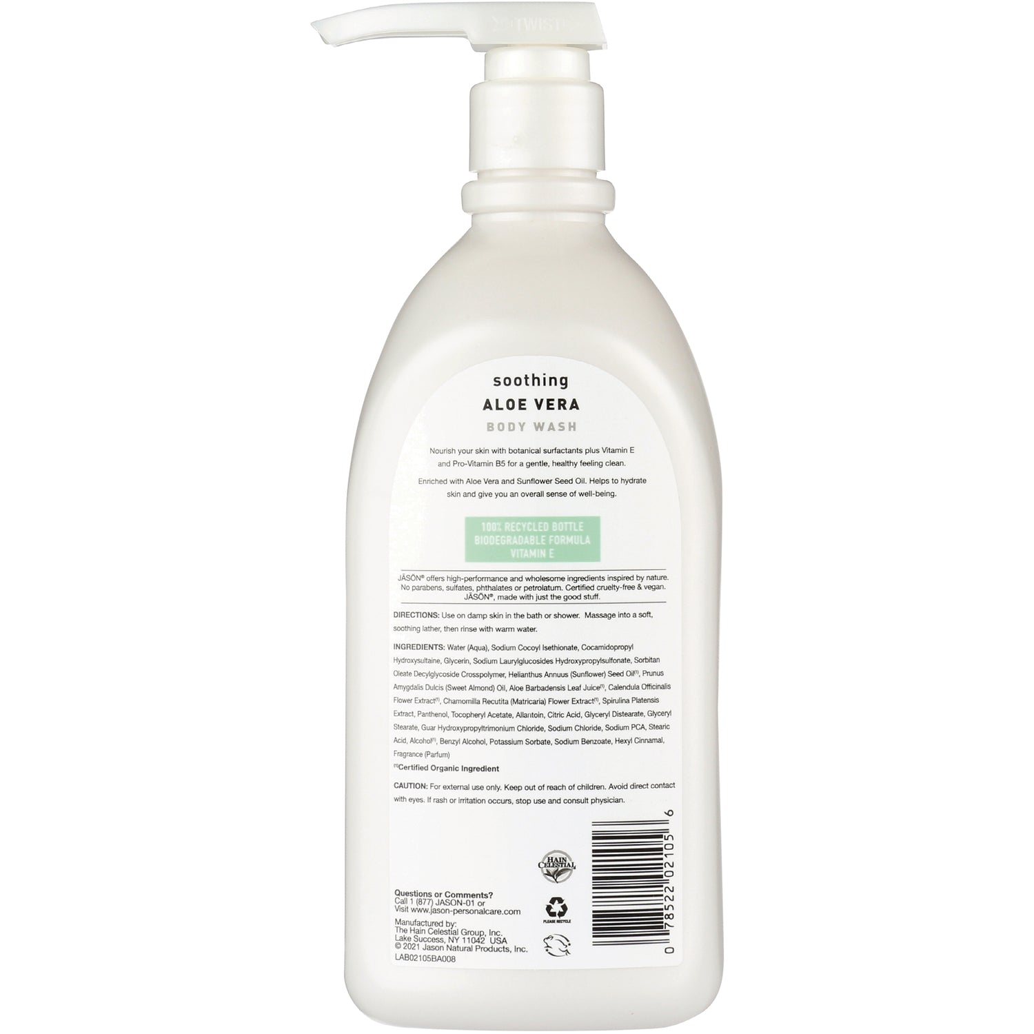 JC043 | back label of aloe vera body wash bottle with ingredients, directions and barcode