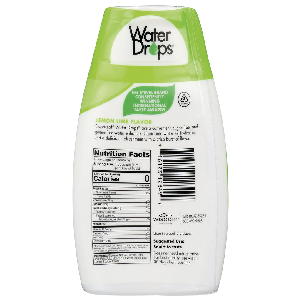 WA085 | Back of SweetLeaf Water Drops Lemon Lime flavor bottle with Nutrition Facts and barcode - Thumbnail