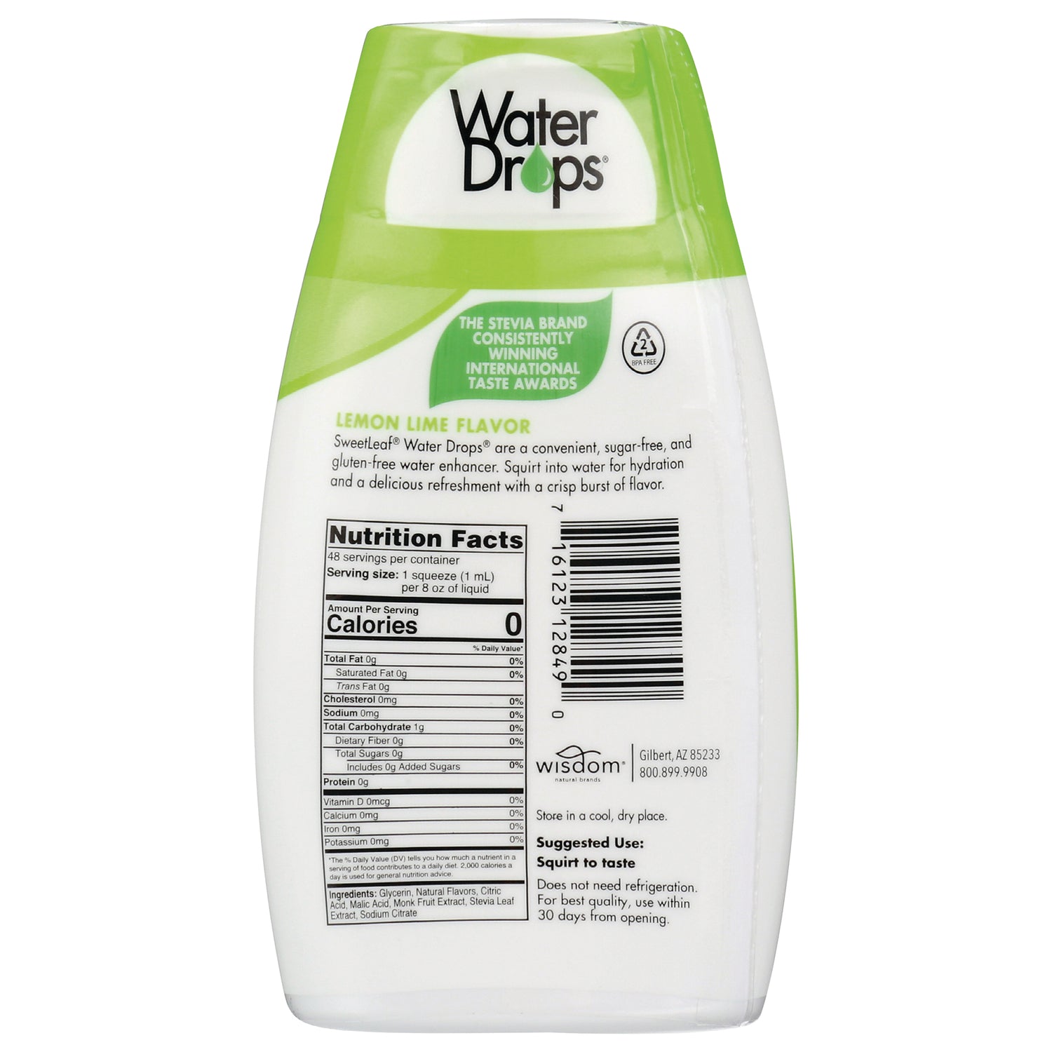 WA085 | Back of SweetLeaf Water Drops Lemon Lime flavor bottle with Nutrition Facts and barcode