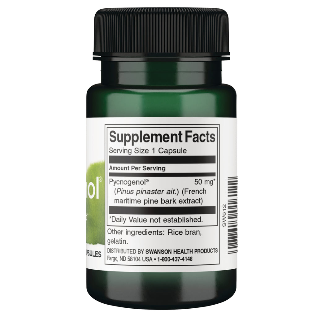 SW612 | Back label showing Supplement Facts for Pycnogenol 50 mg, serving size 1 capsule; ingredients include rice bran, gelatin - Thumbnail