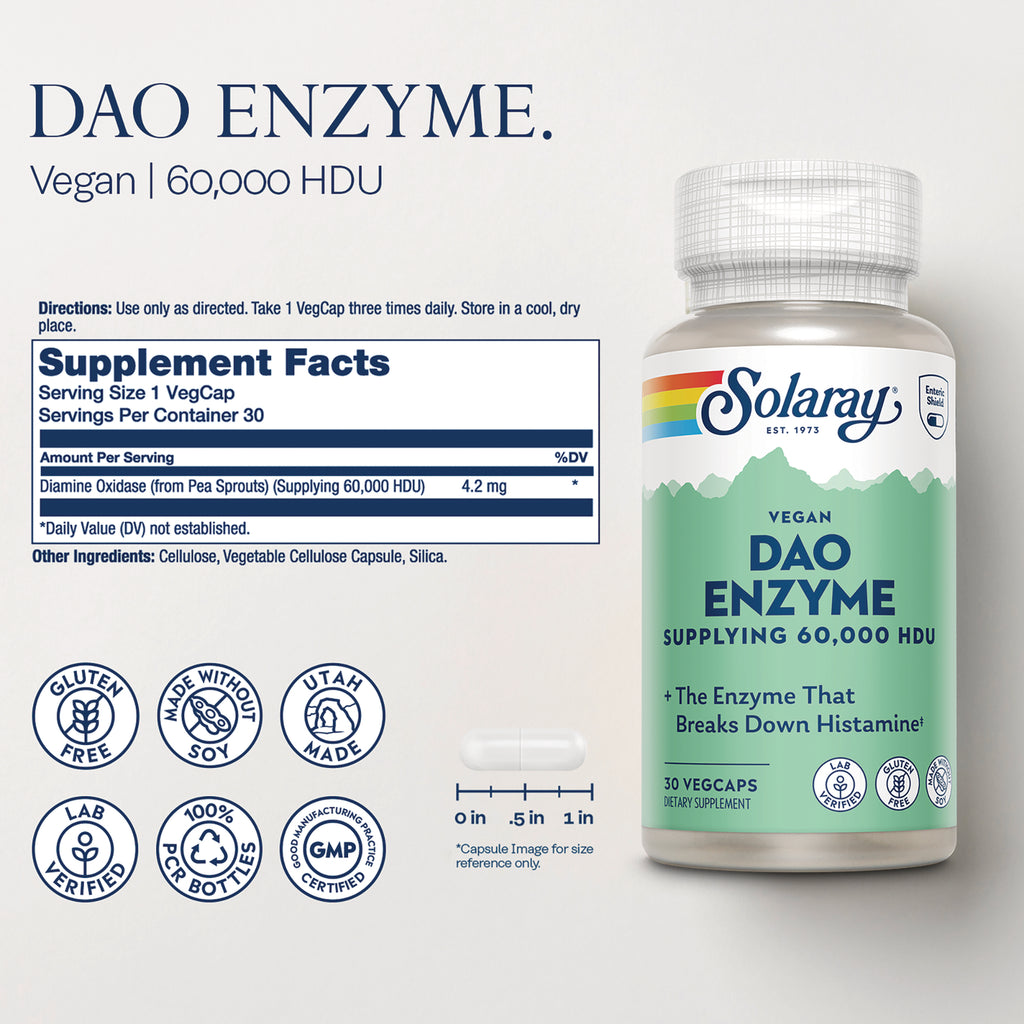 SLR544 | DAO Enzyme Vegan 60,000 HDU supplement facts and ingredients panel with product bottle - Thumbnail