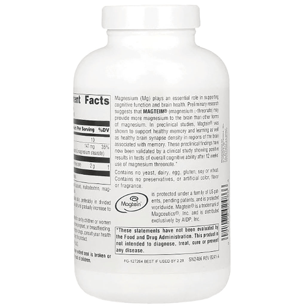 SN622 | Back label with Supplement Facts panel, Magtein magnesium text, and FDA disclaimer - Thumbnail