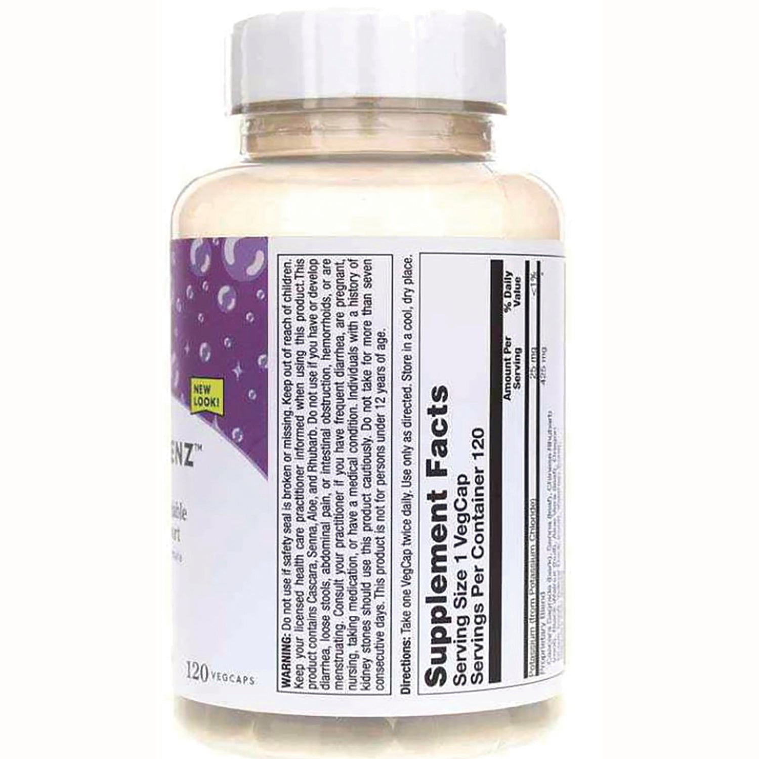 NBL021 | Back of white supplement bottle showing Supplement Facts panel and warning text