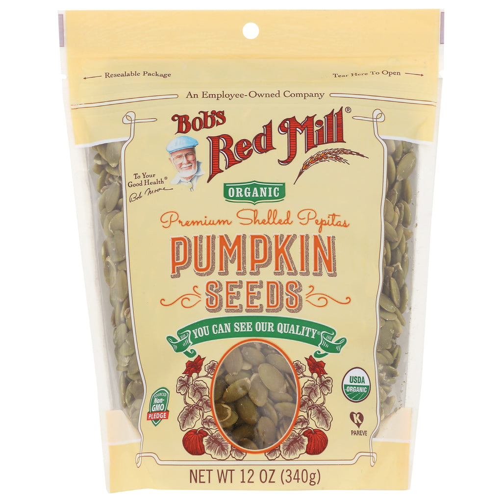 BOB261 | Bob's Red Mill organic pumpkin seeds package with clear window showing shelled pepitas - Thumbnail