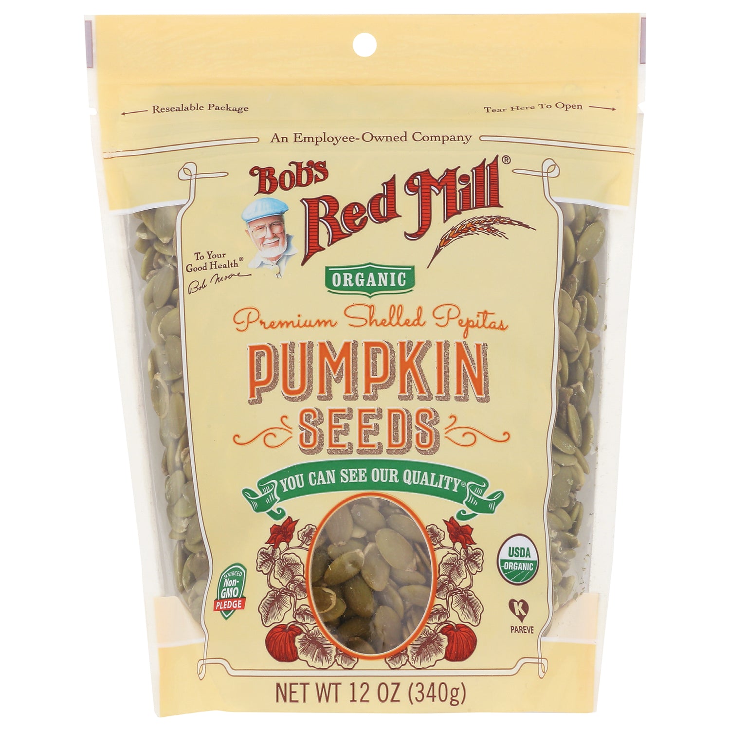 BOB261 | Bob's Red Mill organic pumpkin seeds package with clear window showing shelled pepitas