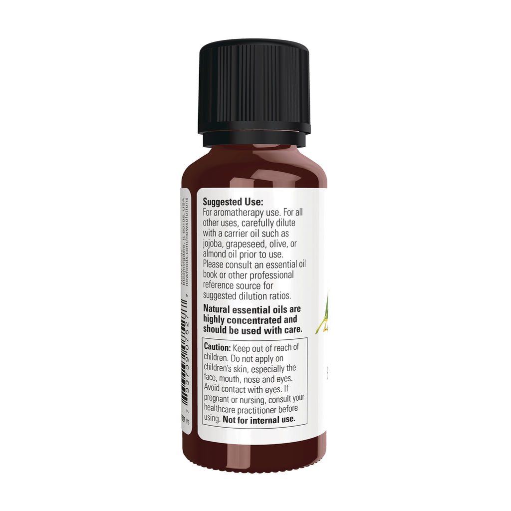NWF1401 | Back label on brown essential oil bottle showing suggested use and caution text - Thumbnail