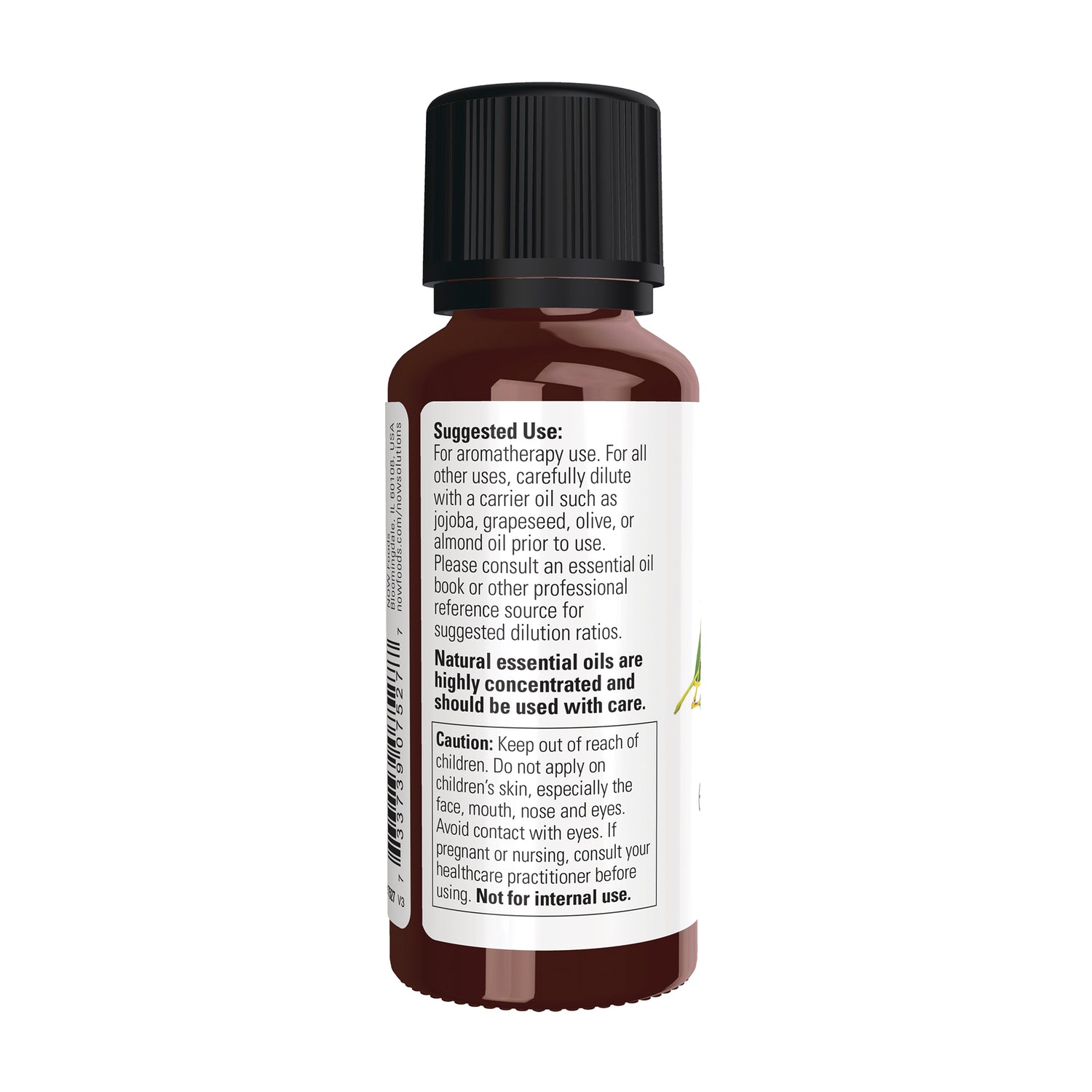 NWF1401 | Back label on brown essential oil bottle showing suggested use and caution text