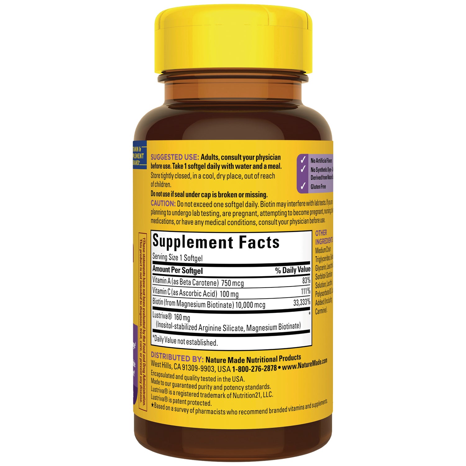 NTM183 | back of brown supplement bottle with yellow cap showing Supplement Facts panel and suggested use text