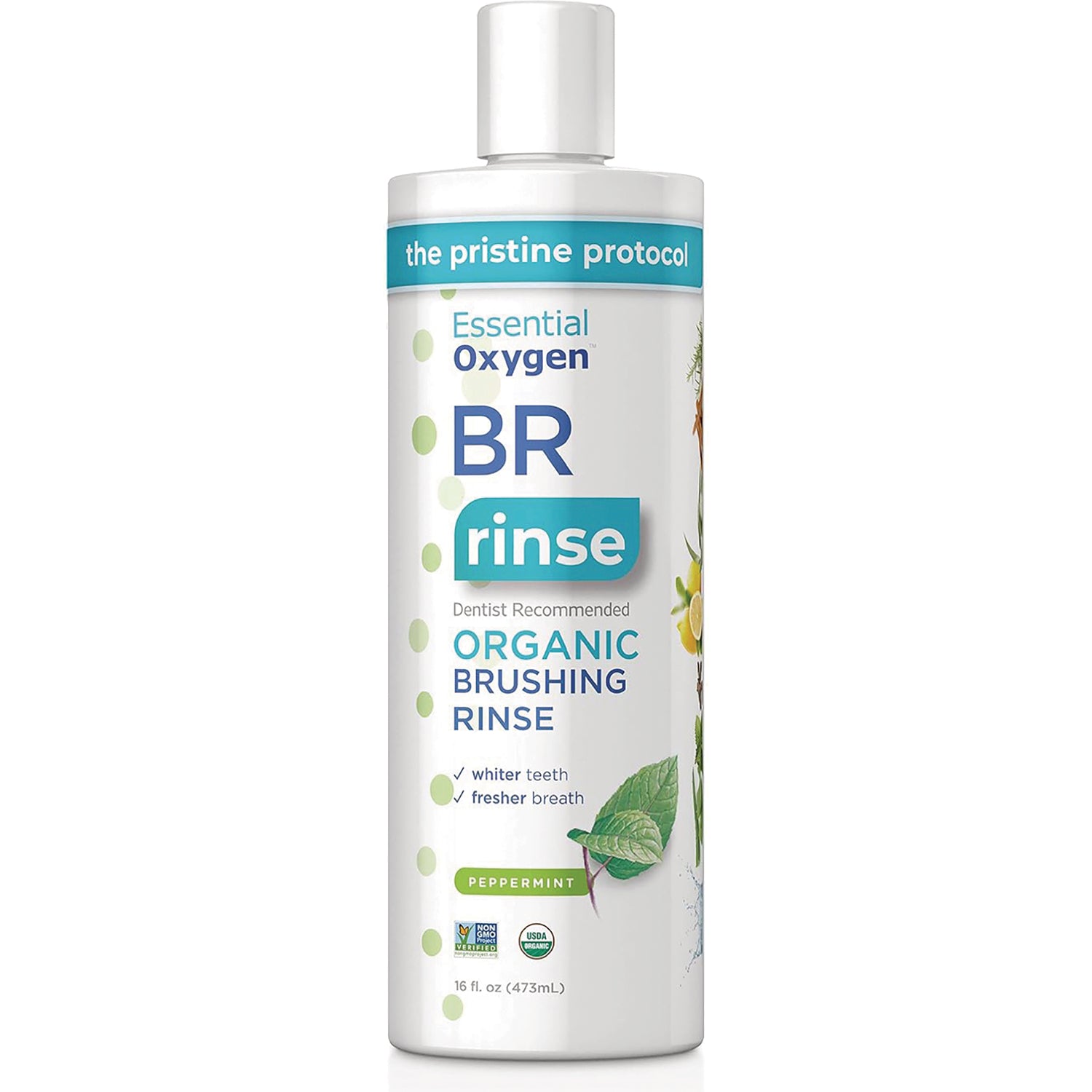 EOX006 | Essential Oxygen BR rinse peppermint 16 fl oz bottle showing front label organic brushing rinse