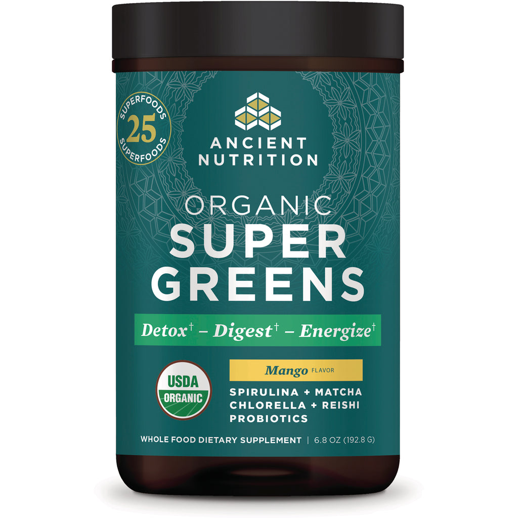 ATN131 | Ancient Nutrition Organic Super Greens mango flavor jar front label with USDA Organic badge - Thumbnail