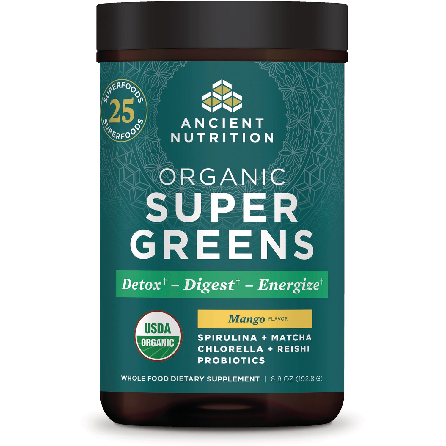 ATN131 | Ancient Nutrition Organic Super Greens mango flavor jar front label with USDA Organic badge