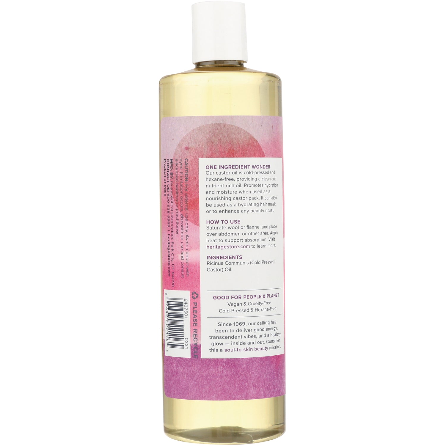 HTG007 | back of clear bottle with pink label showing ingredient and usage text including ONE INGREDIENT WONDER