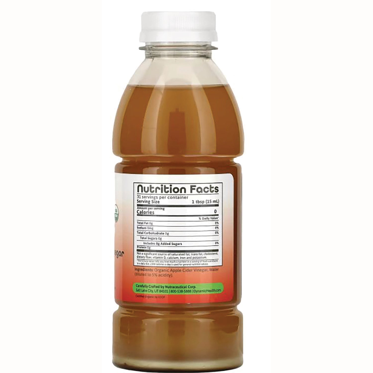 DYH012 | back of plastic bottle showing Nutrition Facts and ingredient label for apple cider vinegar