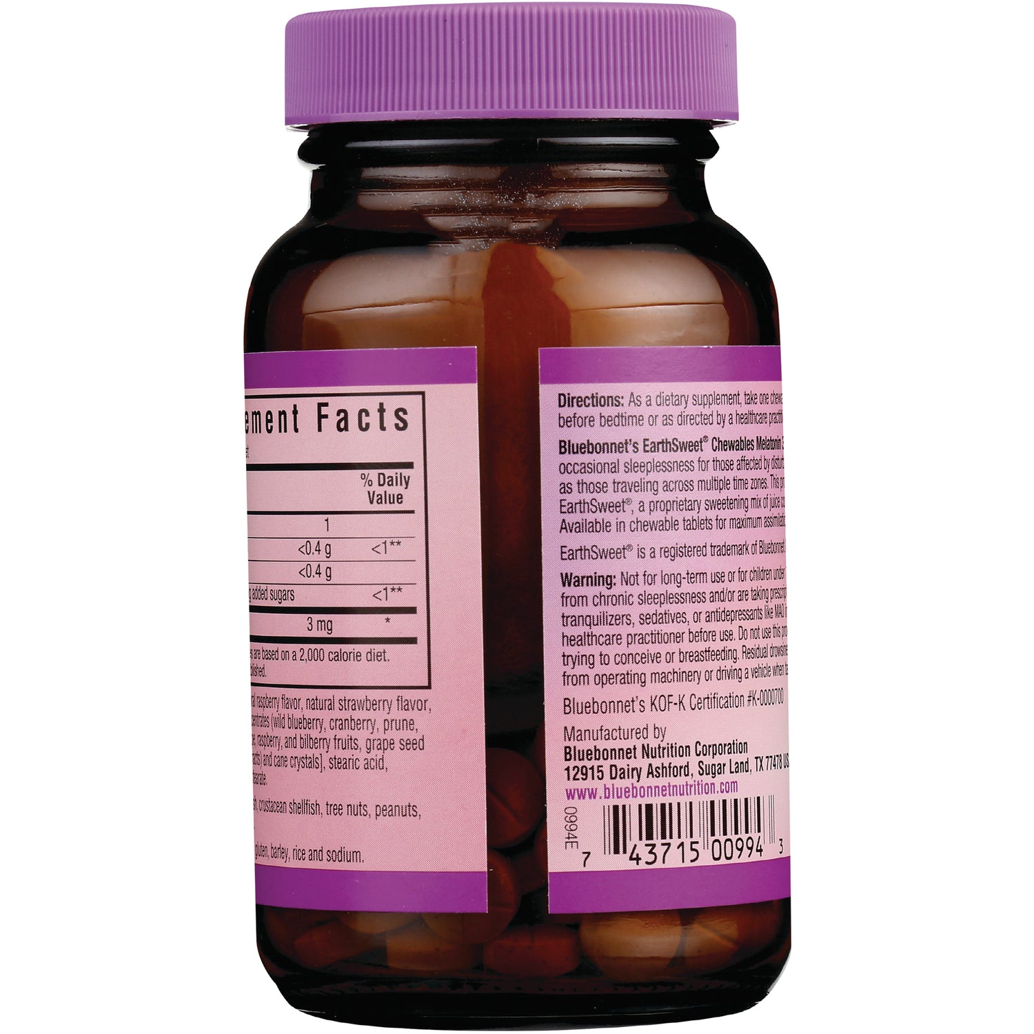 BLU142 | Amber supplement bottle back showing Nutrition Facts panel, directions and barcode