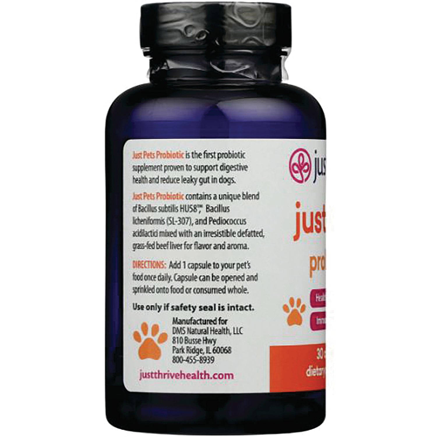 JTR008 | Back label of purple supplement bottle showing probiotic ingredients, directions, and manufacturer info for pets