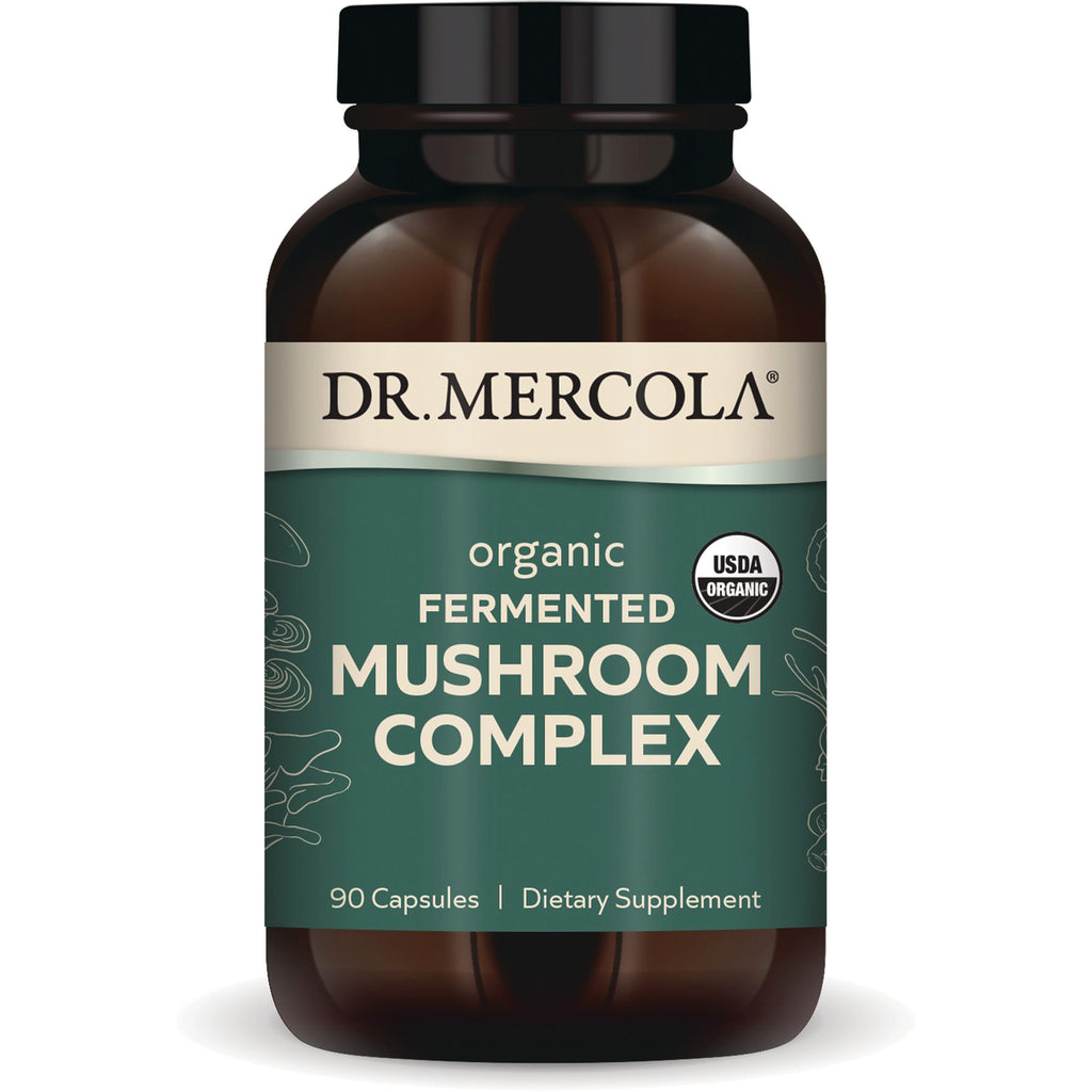 MRC057 | Brown supplement bottle labeled DR. MERCOLA organic fermented Mushroom Complex, 90 capsules, USDA Organic - Thumbnail