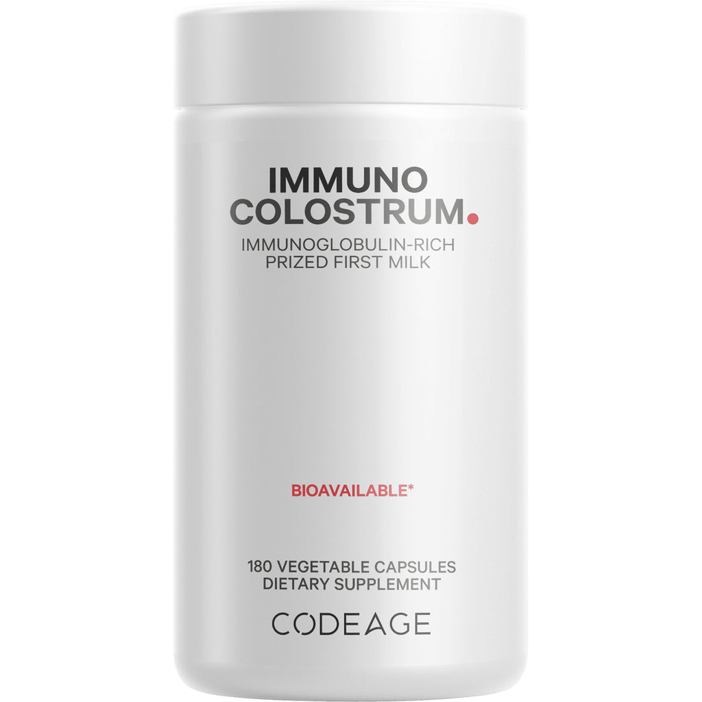 White bottle labeled IMMUNO COLOSTRUM IMMUNOGLOBULIN-RICH PRIZED FIRST MILK BIOAVAILABLE* 180 capsules CODEAGE - Thumbnail