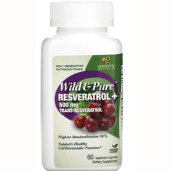 GNN017 | White supplement bottle labeled Wild & Pure RESVERATROL 500 mg with grapes, 60 vegetarian capsules