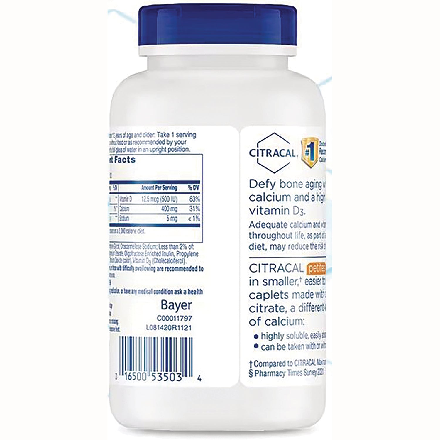 CCL006 | Back label of CITRACAL calcium and vitamin D3 bottle showing supplement facts panel, barcode, and Bayer logo