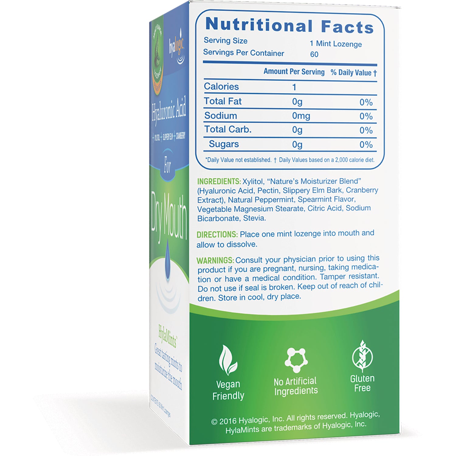 HYL013 | Back panel with nutritional facts, ingredients, directions and icons for vegan friendly, no artificial ingredients, gluten free
