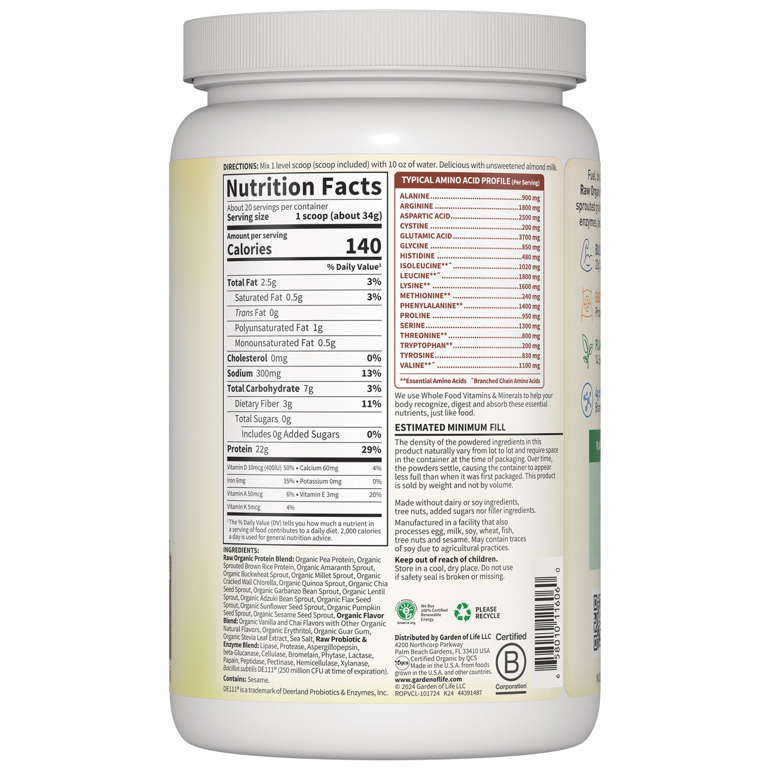 GLF176 | Back label of white supplement tub showing Nutrition Facts panel, amino acid profile, and ingredients