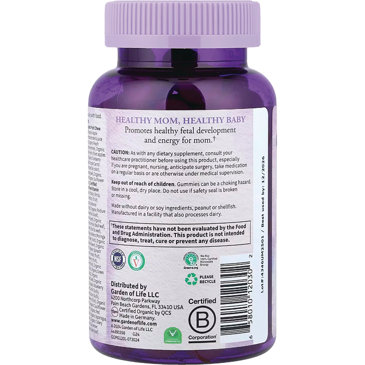 GLF237 | Back label of purple supplement bottle showing HEALTHY MOM, HEALTHY BABY header, caution text, certifications and barcode