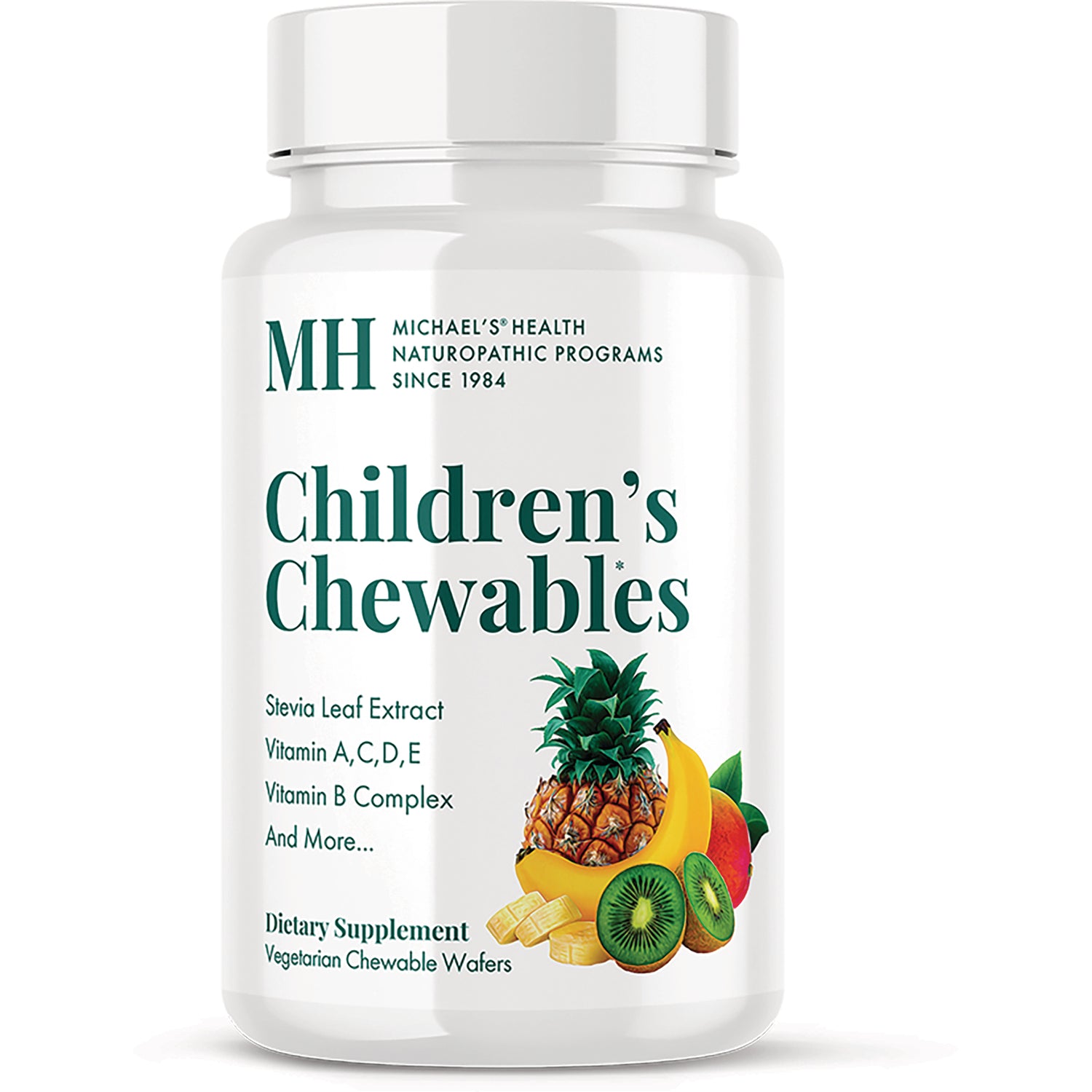 MNP017 | White bottle front showing Children's Chewables dietary supplement with pineapple, banana, and kiwi illustration