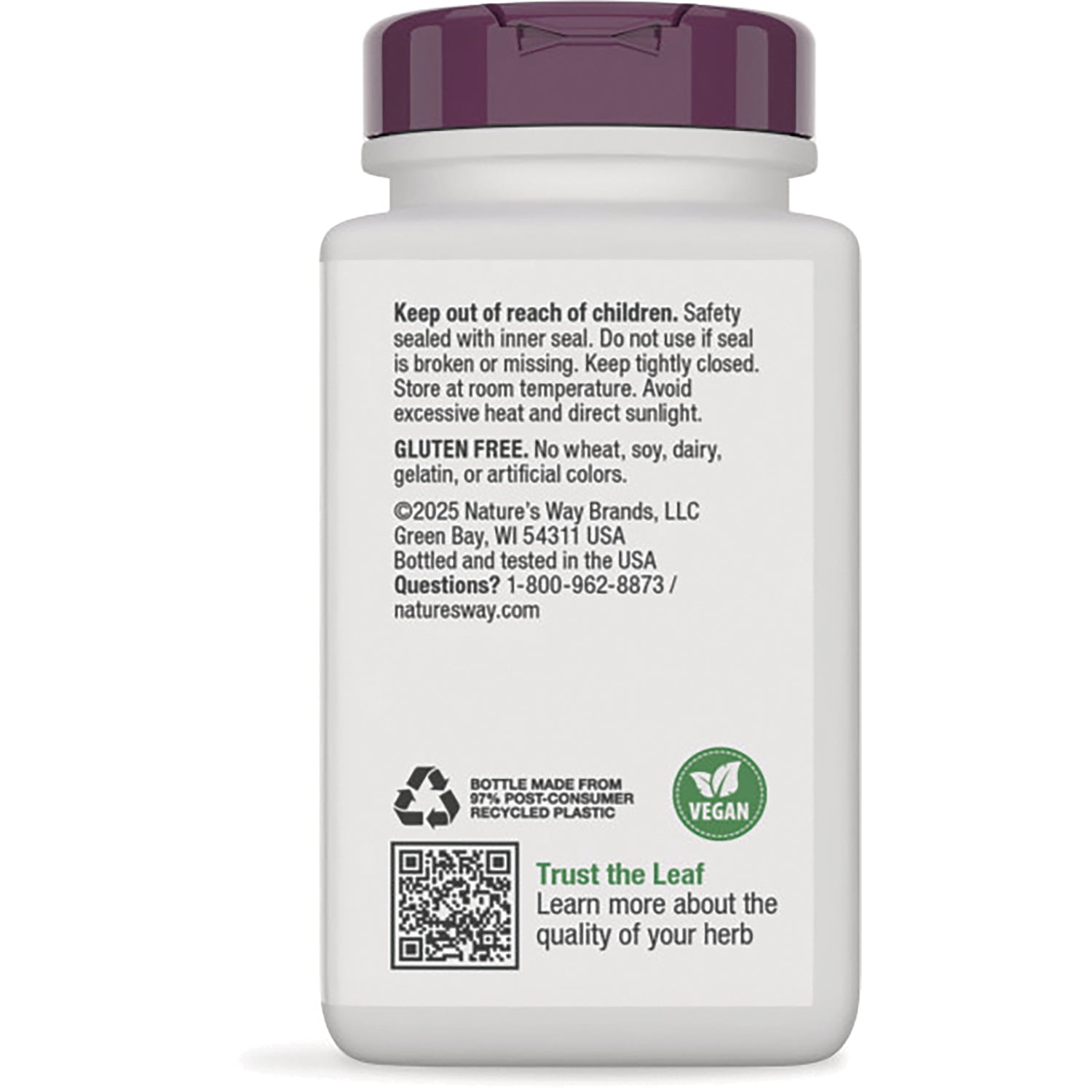 NW749 | Back of white supplement bottle showing safety warnings, GLUTEN FREE text, vegan icon, QR code and recycling symbol