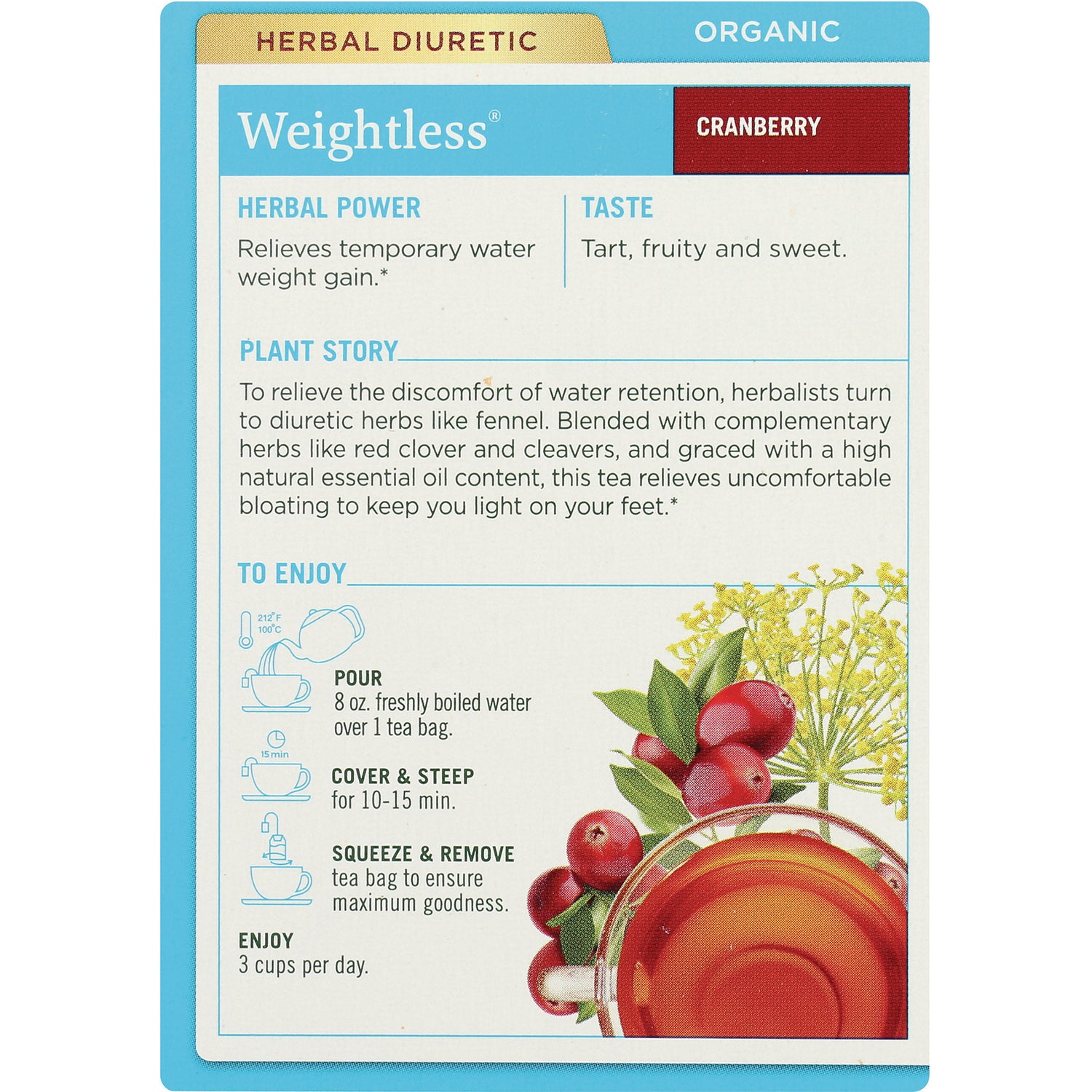TMD027 | Weightless Cranberry tea back panel with herbal power, taste, plant story, and brewing directions