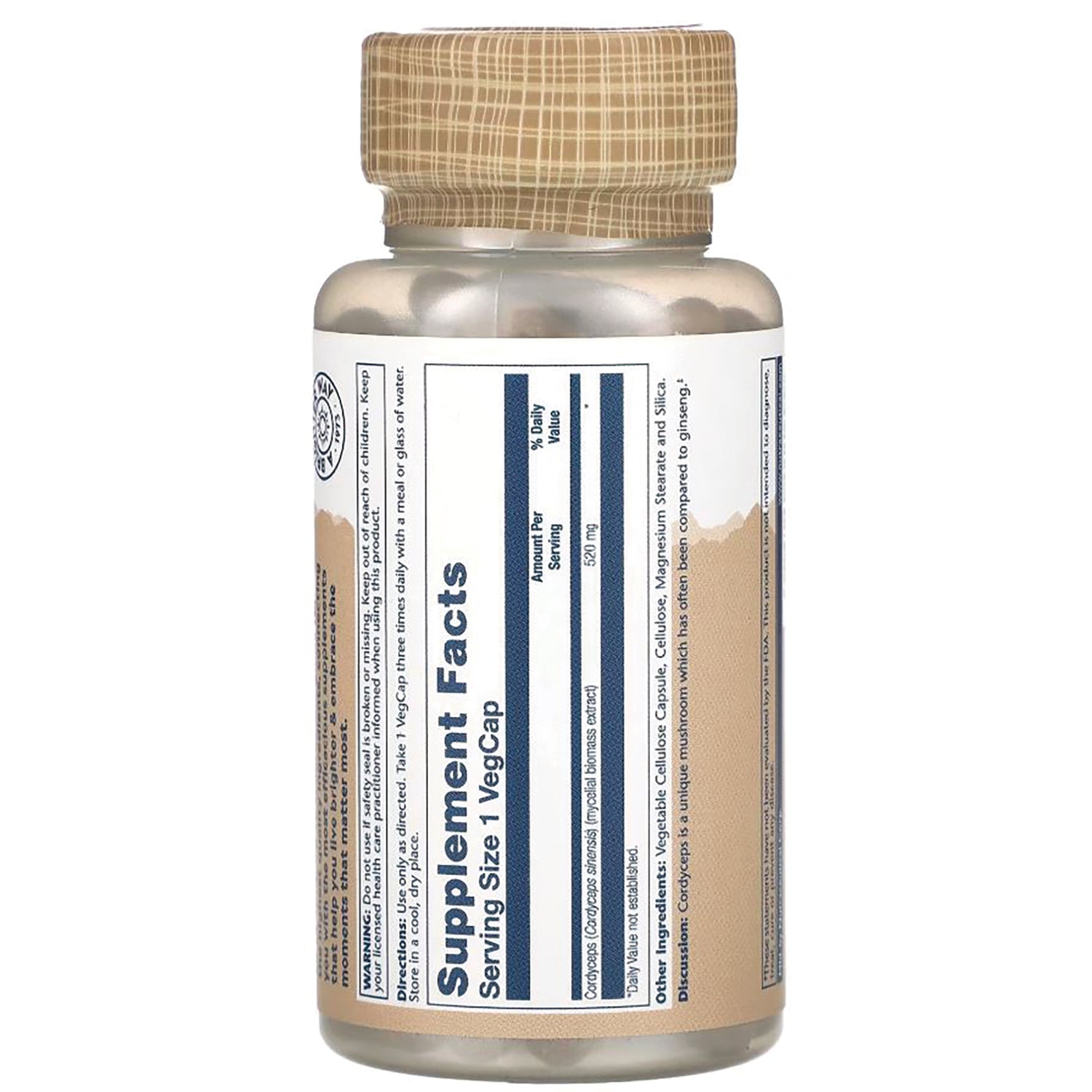 SLR344 | Back label with Supplement Facts panel, serving size 1 vegcap, Cordyceps extract 520 mg