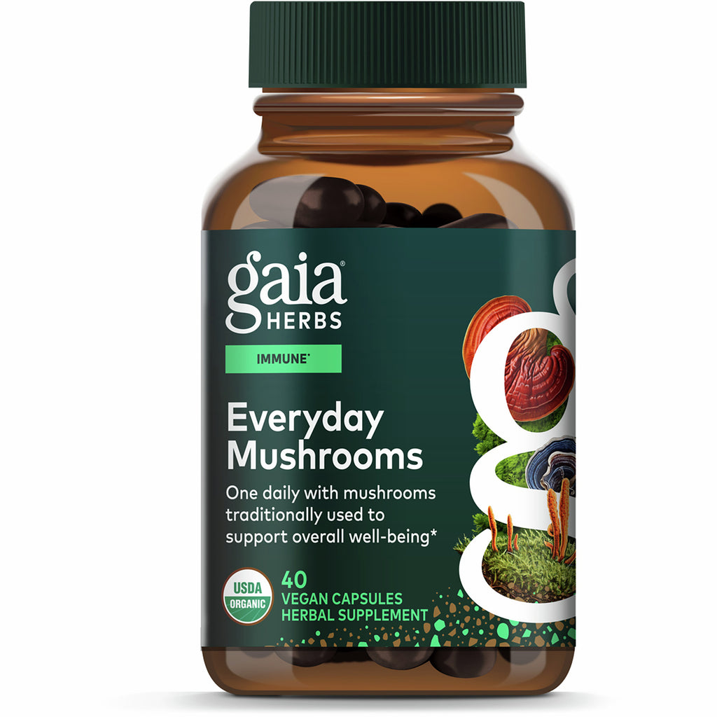 GH147 | Gaia Herbs Immune Mushroom Blend front box with USDA Organic and Non GMO labels, 40 vegan capsules - Thumbnail