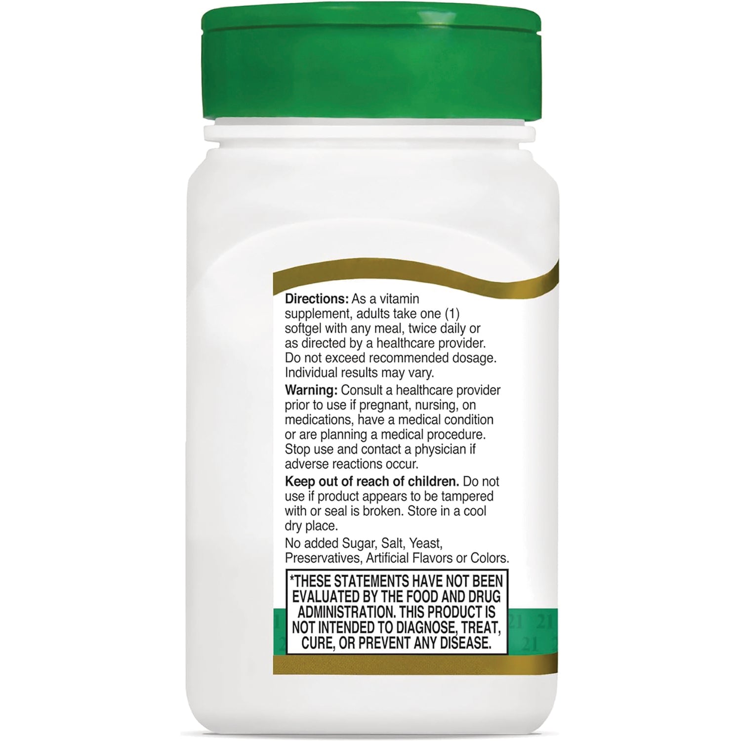CNT186 | Back of white supplement bottle with green cap showing directions, warnings and FDA disclaimer