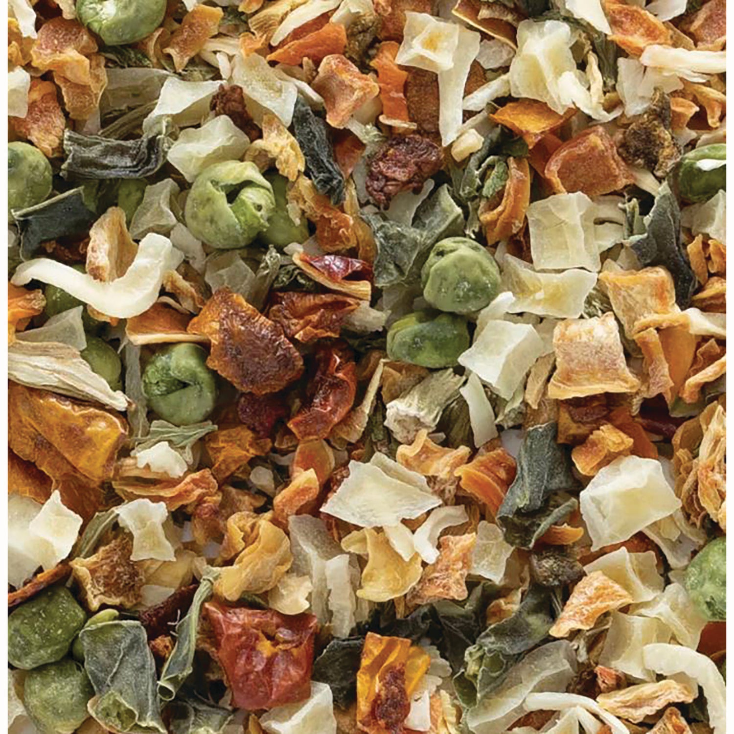FNP381 | close-up of dehydrated vegetable soup mix with peas, carrots, onion, and tomato pieces