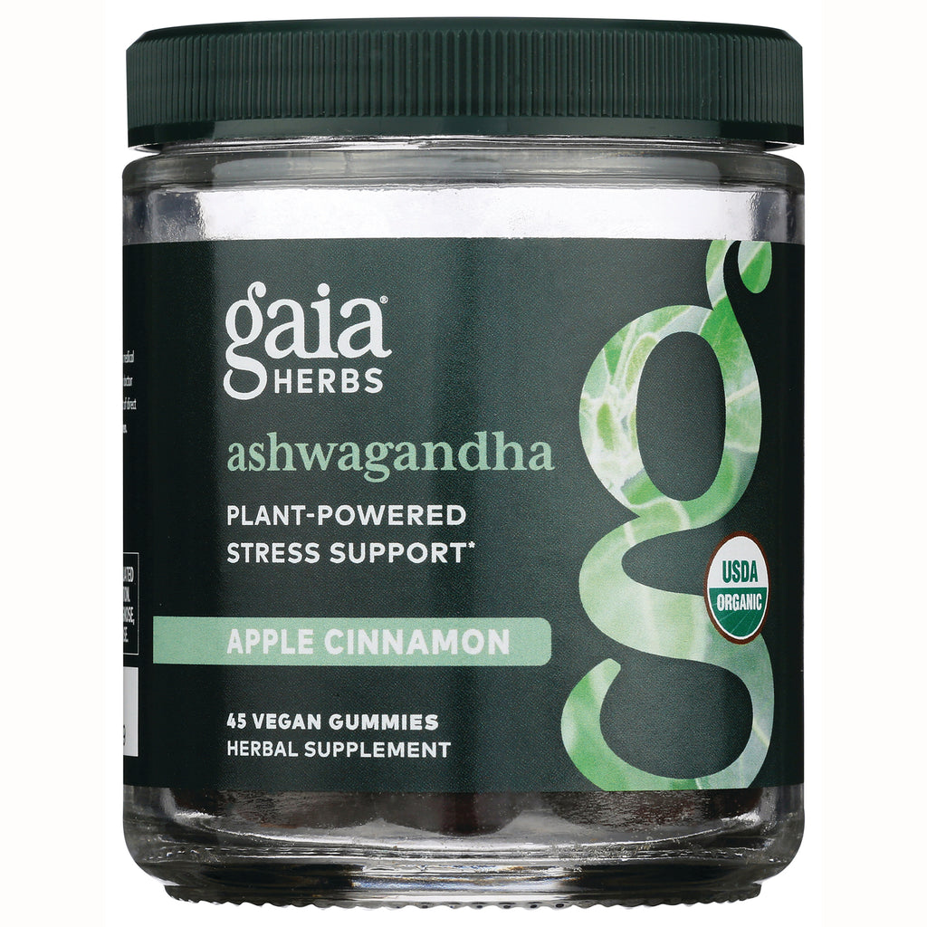 GH139 | Gaia Herbs ashwagandha apple cinnamon vegan gummy supplement jar with USDA Organic badge - Thumbnail