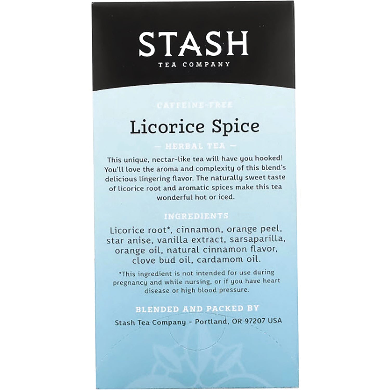 STH011 | Stash Licorice Spice herbal tea box back with ingredients and caution statement