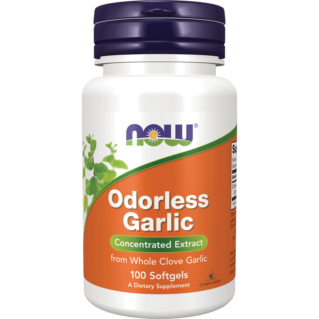 NWF695 | NOW Odorless Garlic concentrated extract bottle front label, 100 softgels - Thumbnail